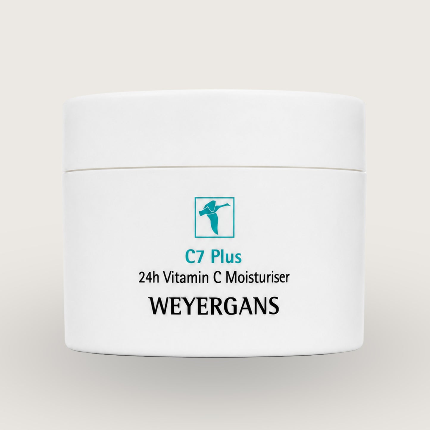 Vasetto di crema idratante Weyergans High Care C7 Plus su sfondo beige.