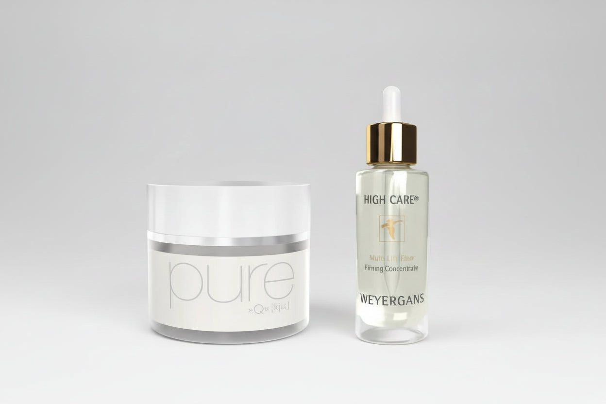 Prodotti per la cura della pelle, tra cui un barattolo con l'etichetta "pure" e un flacone contagocce con l'etichetta "Weyergans High Care".