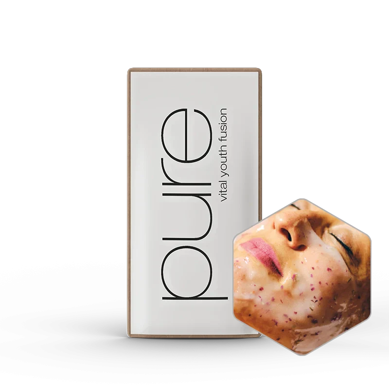 Confezione del prodotto con il marchio "pure" e una mascherina esagonale su sfondo bianco.