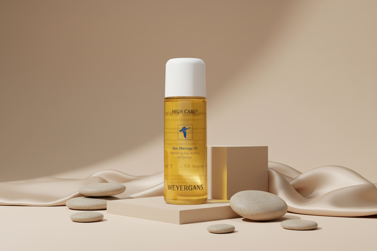 Dettaglio texture Skin Massage Oil Weyergans High Care su sfondo bianco.