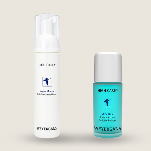 Set Body Slimming and Firming Weyergans High Care su sfondo beige.