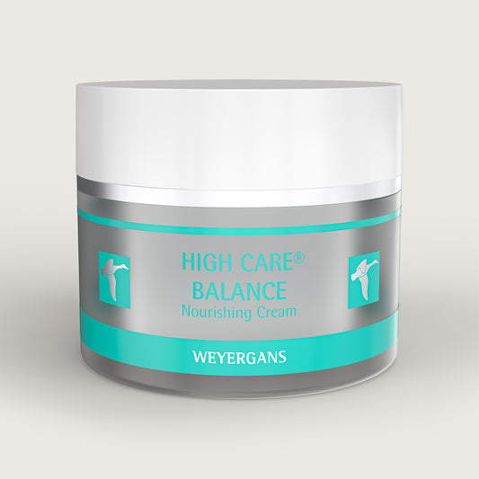 Vasetto di crema nutriente High Care Balance di Weyergans su sfondo beige