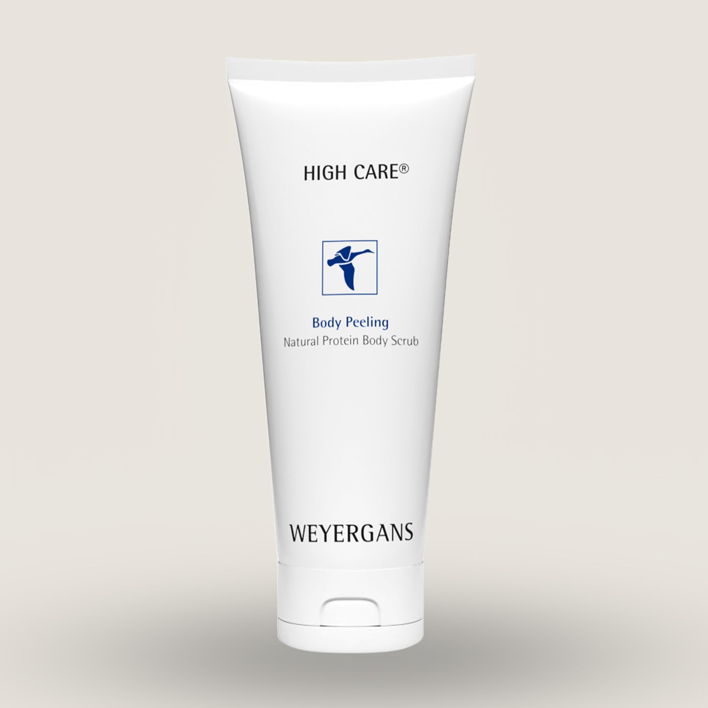 Flacone di body peeling Weyergans High Care su sfondo beige.