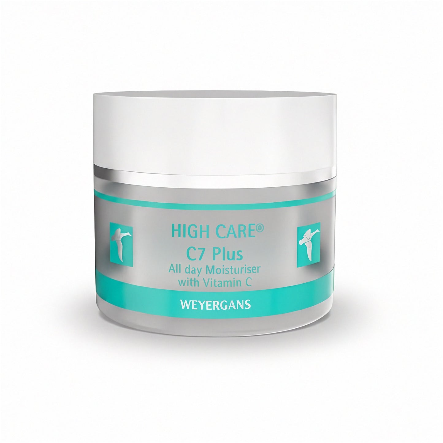 Vasetto di crema idratante Weyergans High Care C7 Plus su sfondo bianco.
