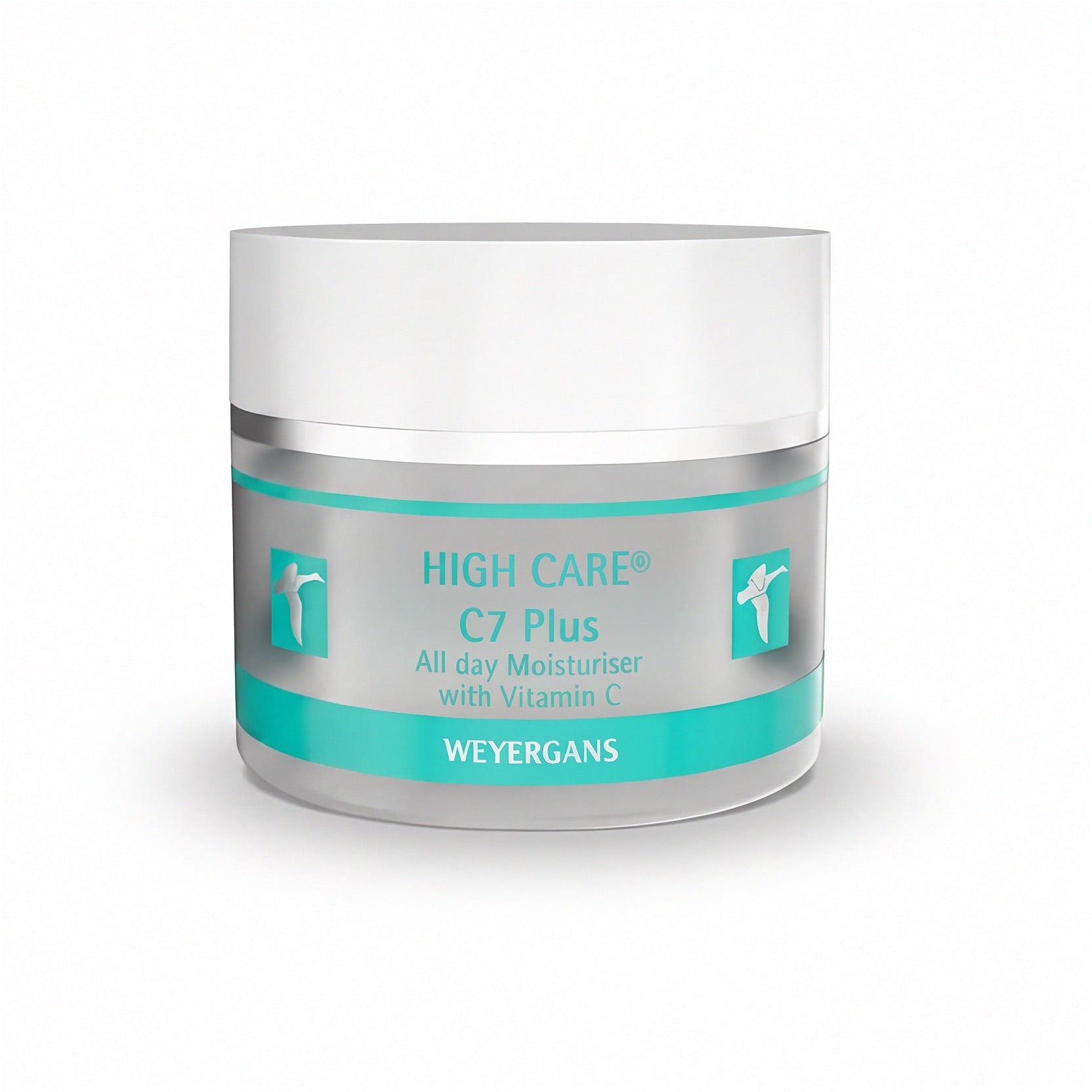 Vasetto di crema idratante Weyergans High Care C7 Plus su sfondo bianco.