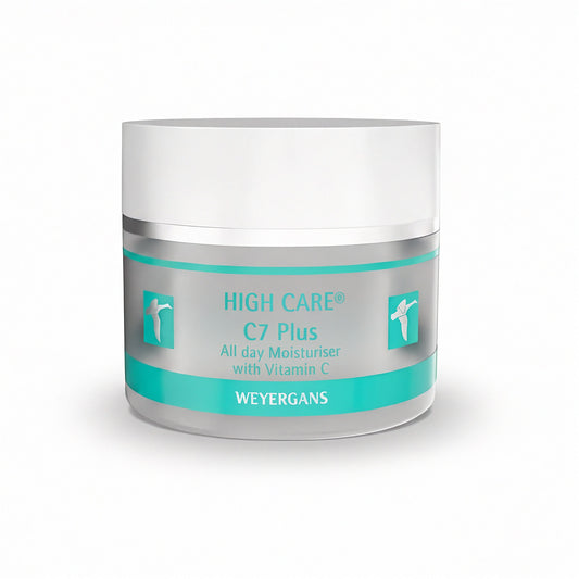 Vasetto di crema idratante Weyergans High Care C7 Plus su sfondo bianco.