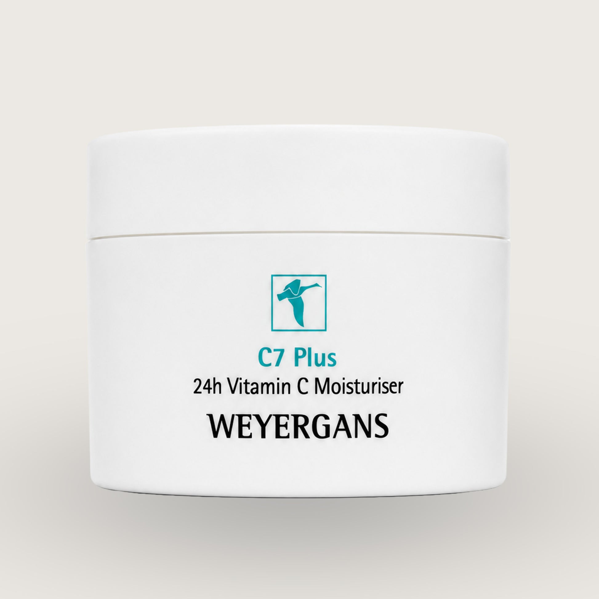 Vasetto di crema idratante Weyergans High Care C7 Plus su sfondo beige.