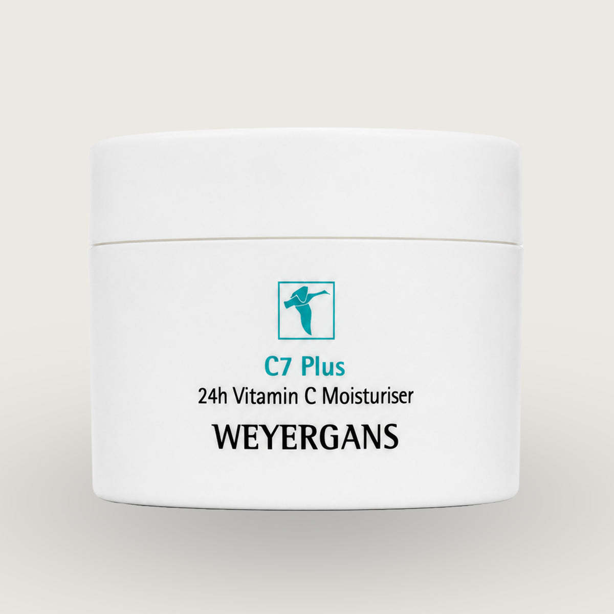 Vasetto di crema idratante Weyergans High Care C7 Plus su sfondo beige.