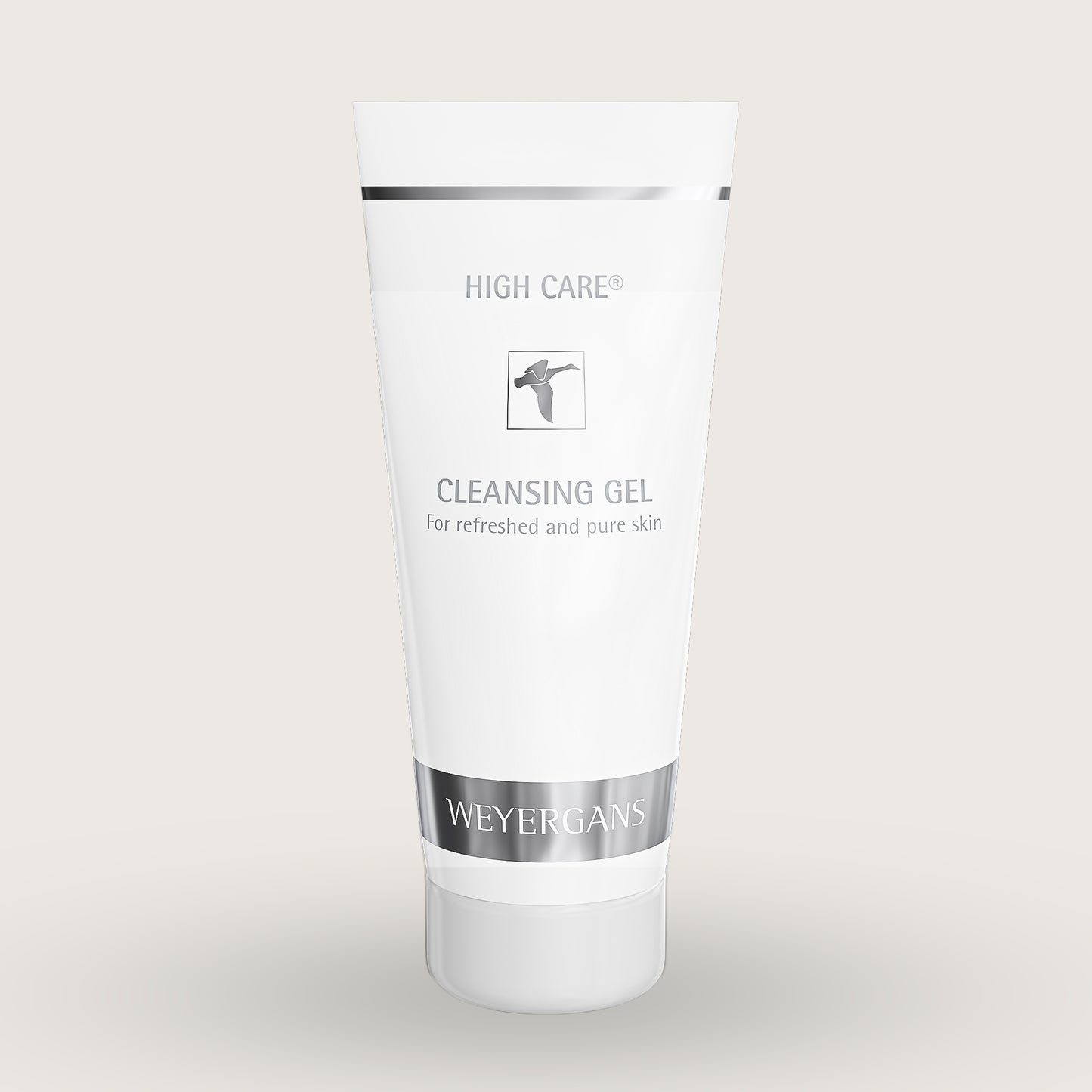 Tubo di Weyergans High Care Cleansing Gel su sfondo beige.