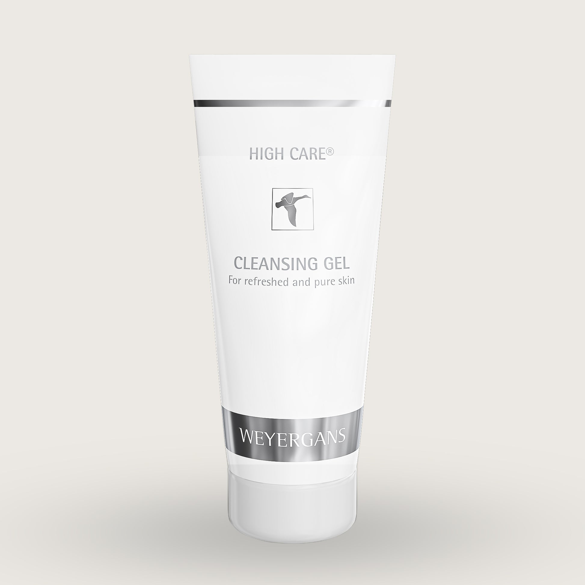 Tubo di Weyergans High Care Cleansing Gel su sfondo beige.