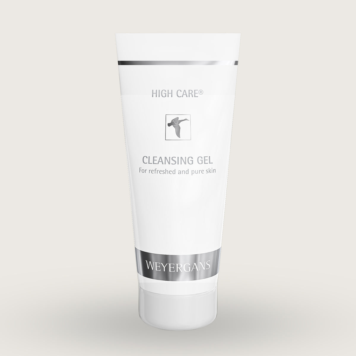 Tubo di Weyergans High Care Cleansing Gel su sfondo beige.