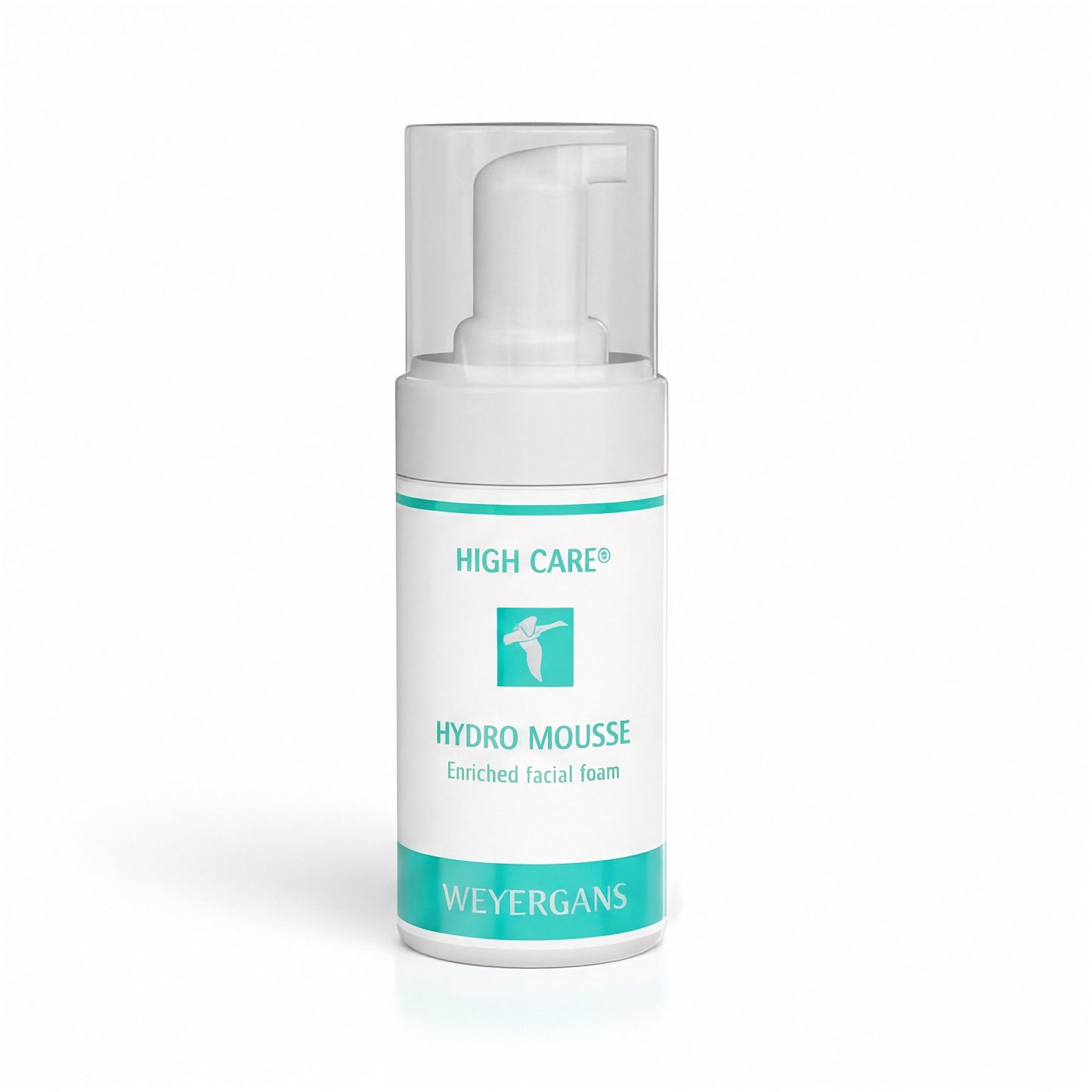 Flacone di Weyergans High Care Hydro Mousse su sfondo grigio chiaro.
