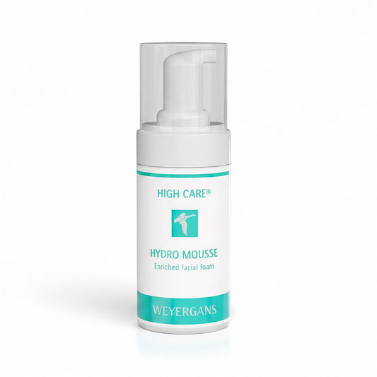 Flacone di Weyergans High Care Hydro Mousse su sfondo grigio chiaro.