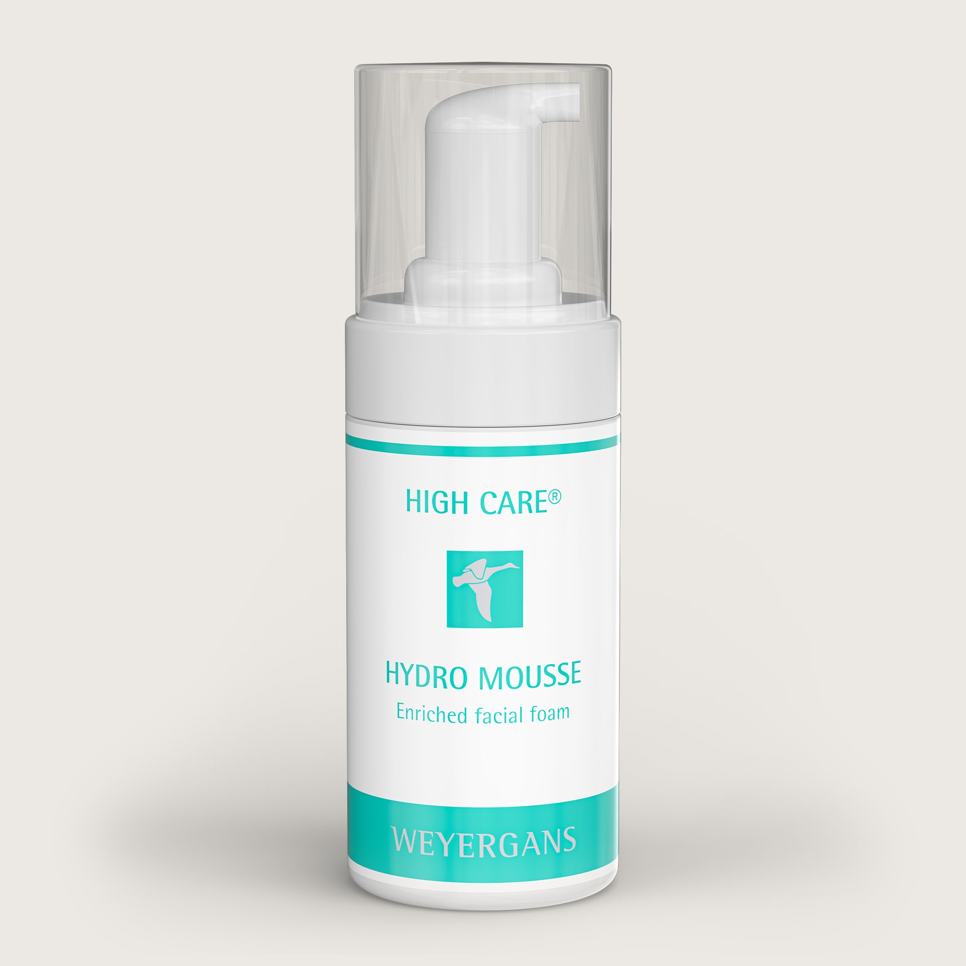 Flacone di Weyergans High Care Hydro Mousse su sfondo beige.
