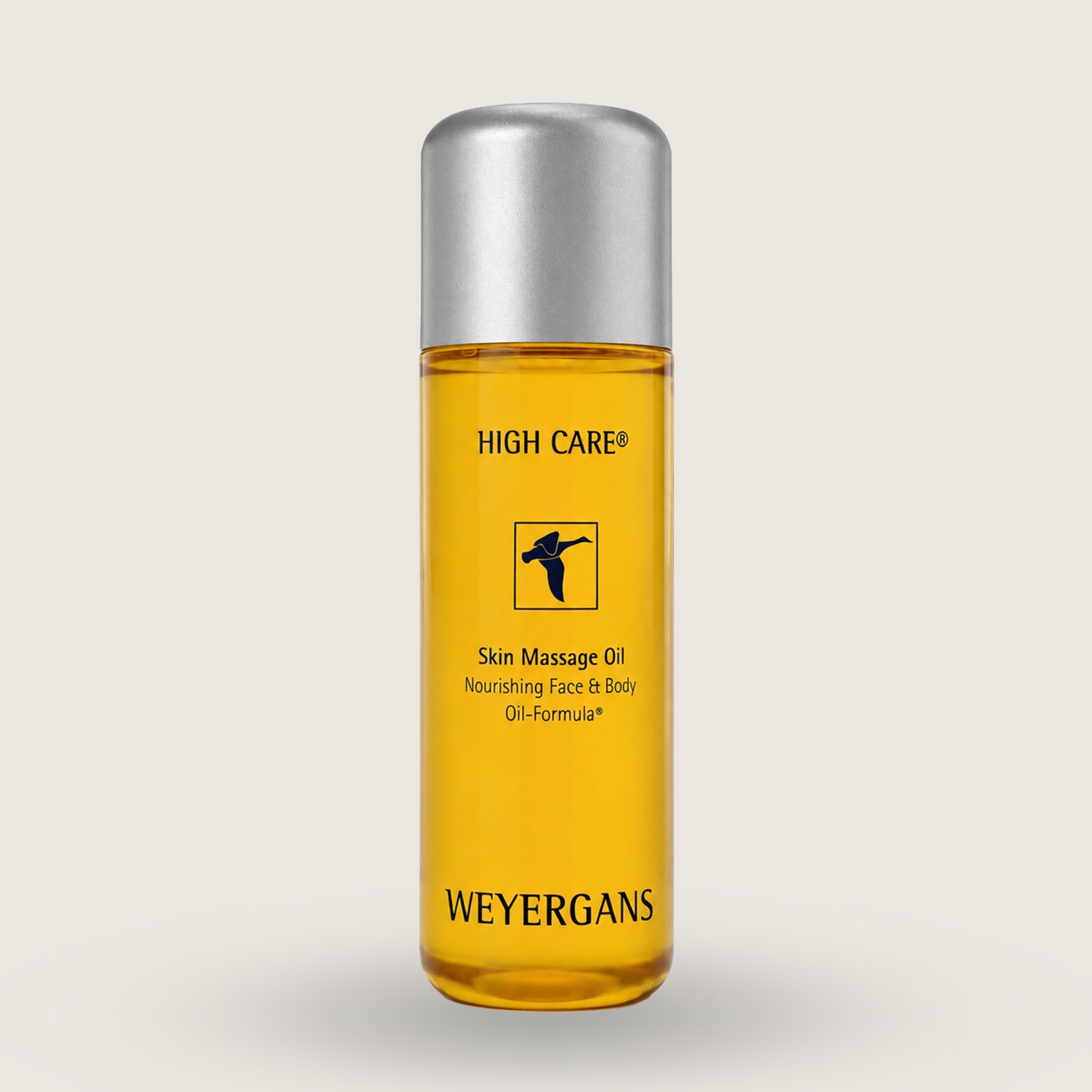 Flacone di olio da massaggio Weyergans High Care su sfondo beige.