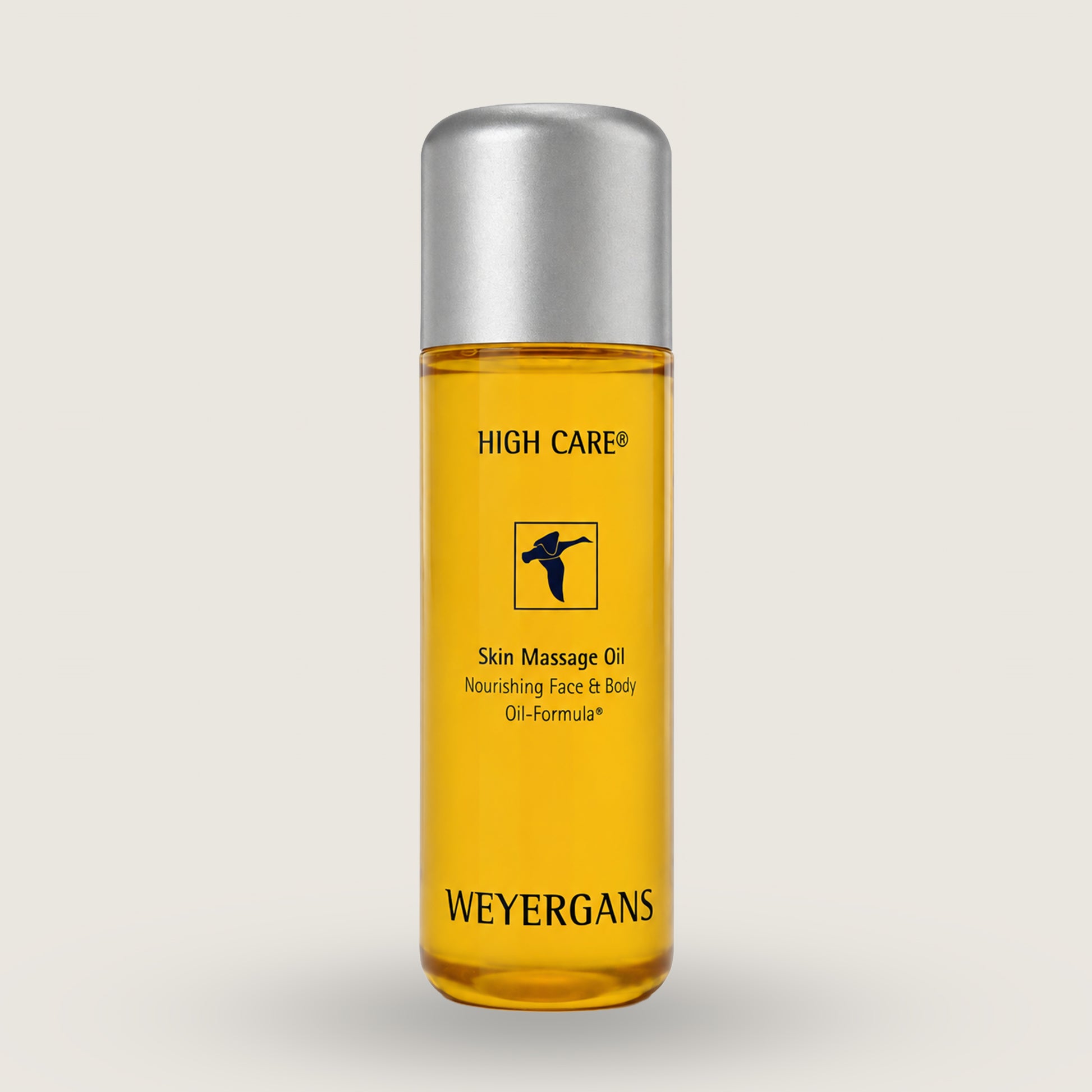 Flacone di olio da massaggio Weyergans High Care su sfondo beige.