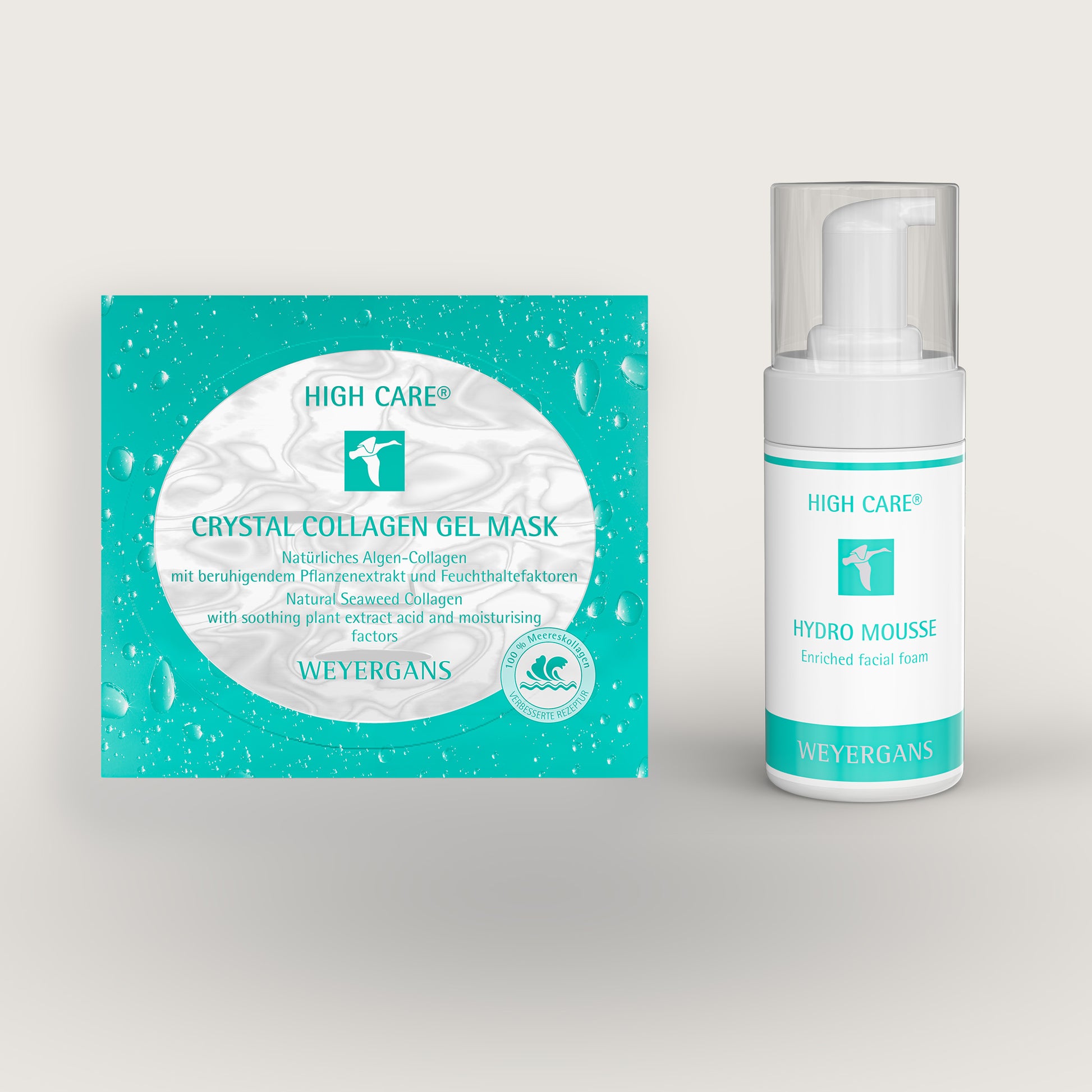 Flacone di Weyergans Hydro Mousse e Crystal Collagen Mask su sfondo beige.