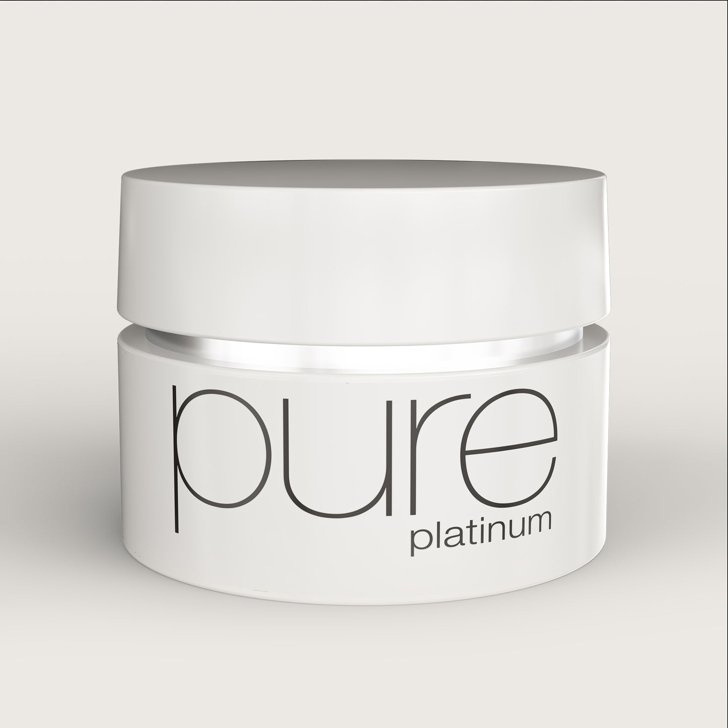 Vasetto di crema "platino puro" su sfondo beige