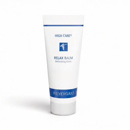 Tubetto di balsamo Weyergans High Care Relax su sfondo bianco.
