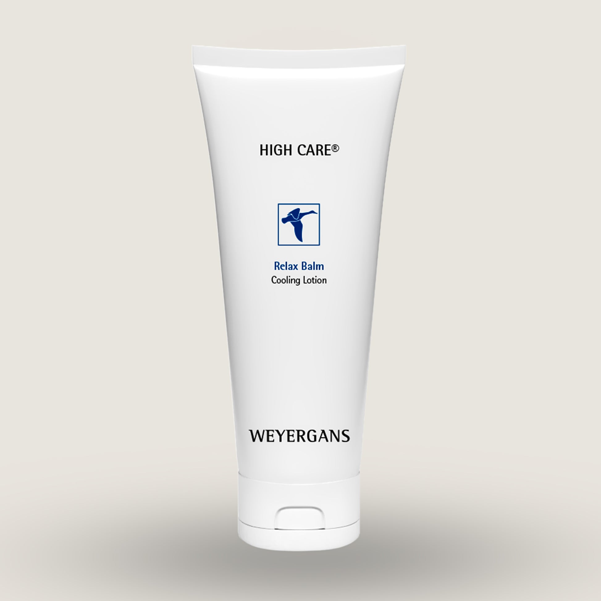 Tubetto di balsamo Weyergans High Care Relax su sfondo beige.