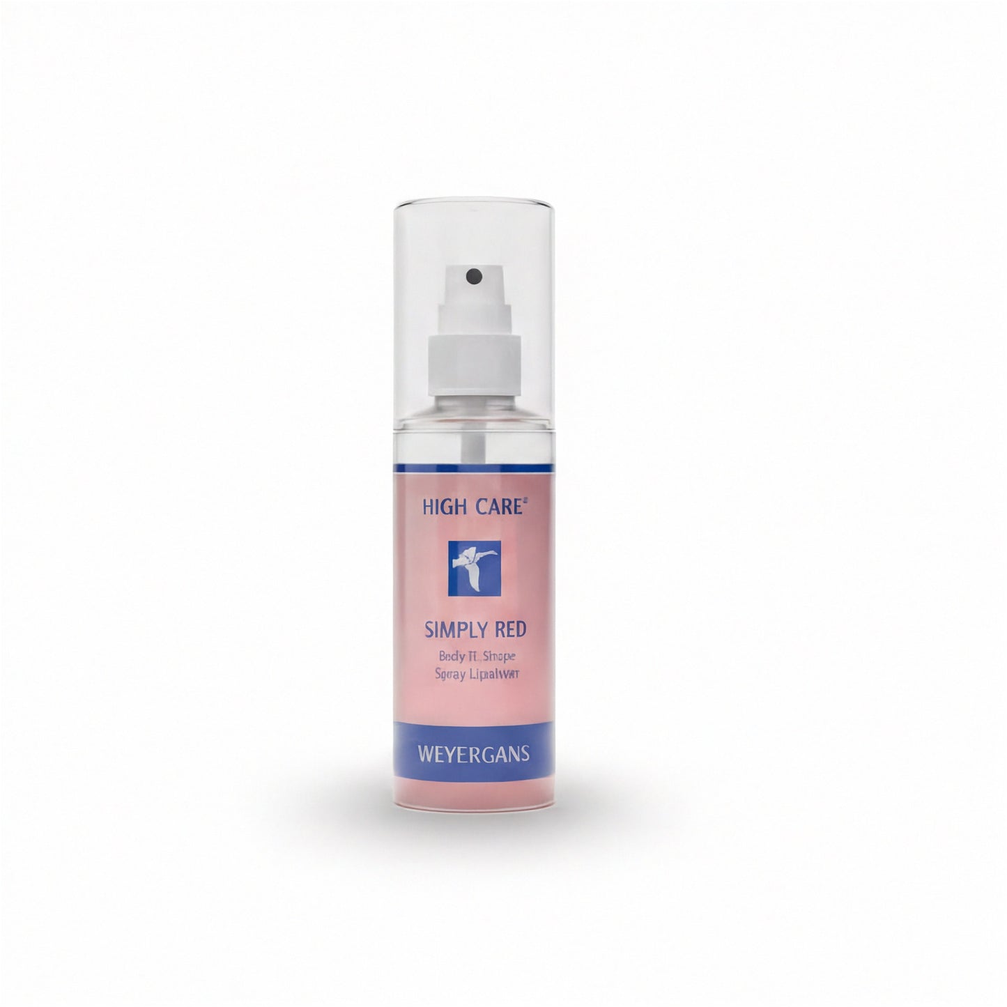 Flacone spray con l'etichetta "High Care Simply Red" di Weyergans su sfondo grigio chiaro.