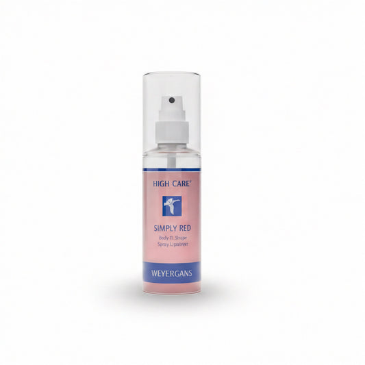 Flacone spray con l'etichetta "High Care Simply Red" di Weyergans su sfondo grigio chiaro.
