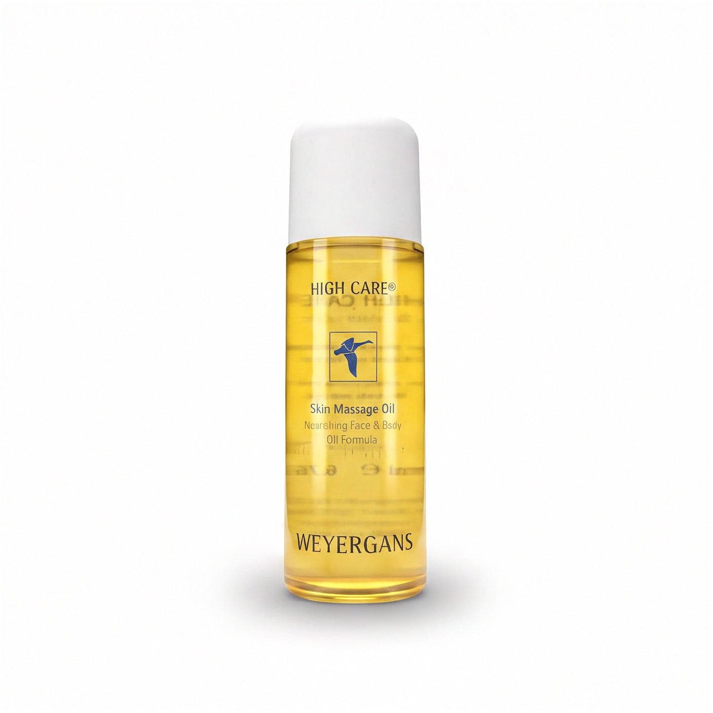 Flacone di olio da massaggio Weyergans High Care su sfondo bianco.