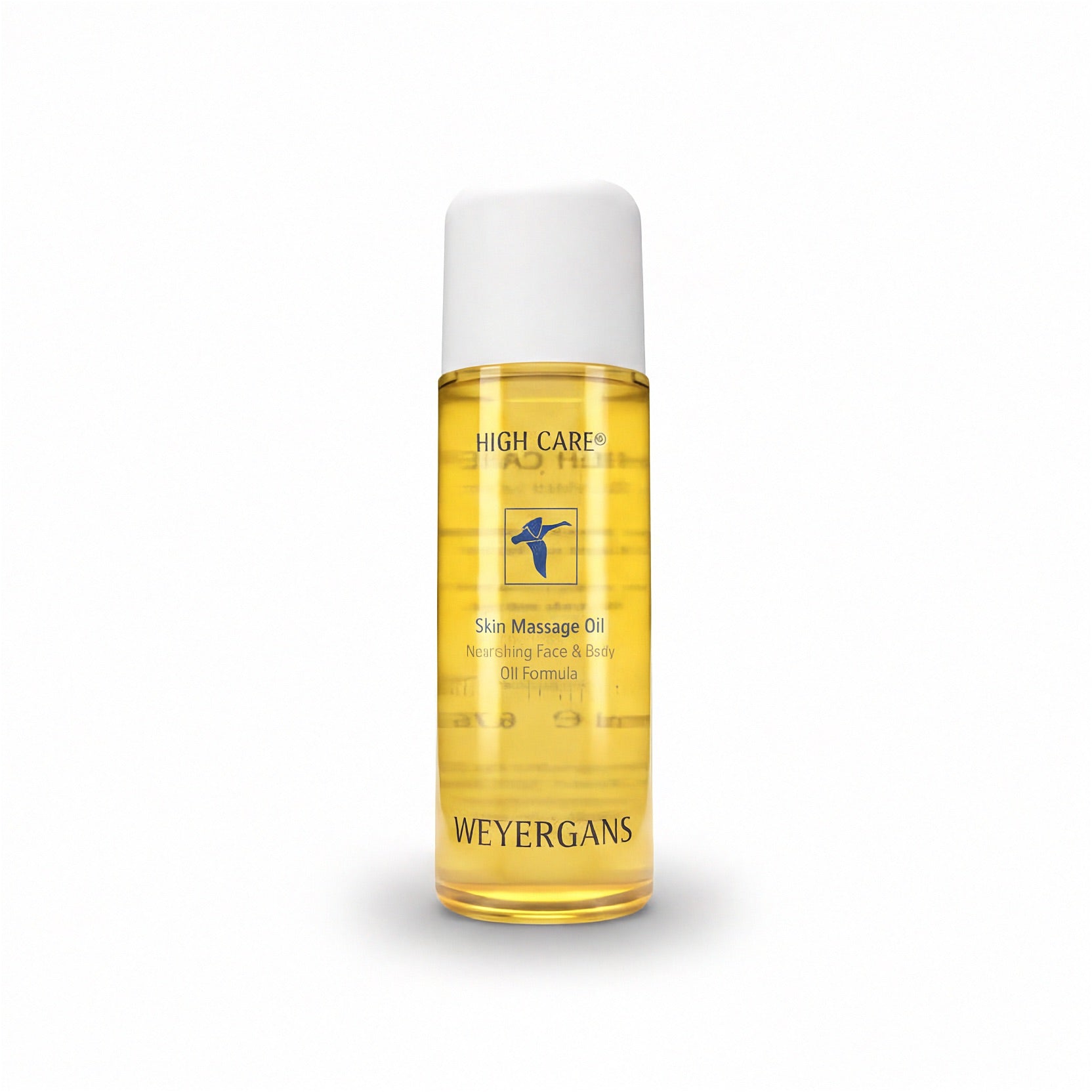 Flacone di olio da massaggio Weyergans High Care su sfondo bianco.