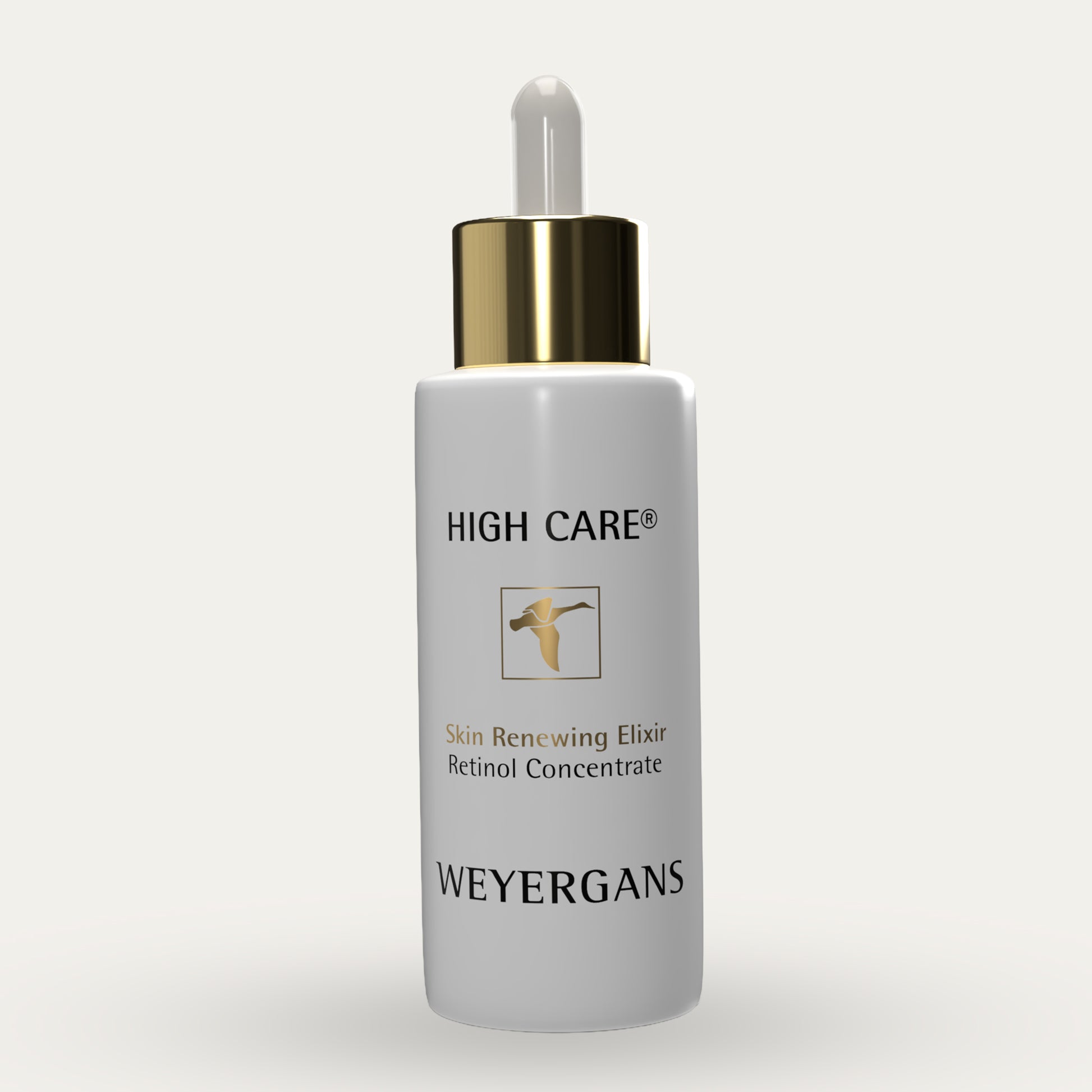 Flacone di prodotti per la cura della pelle Weyergans High Care su sfondo beige.