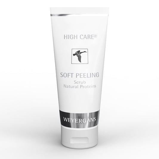 Tubetto di scrub esfoliante delicato High Care di Weyergans su sfondo bianco.