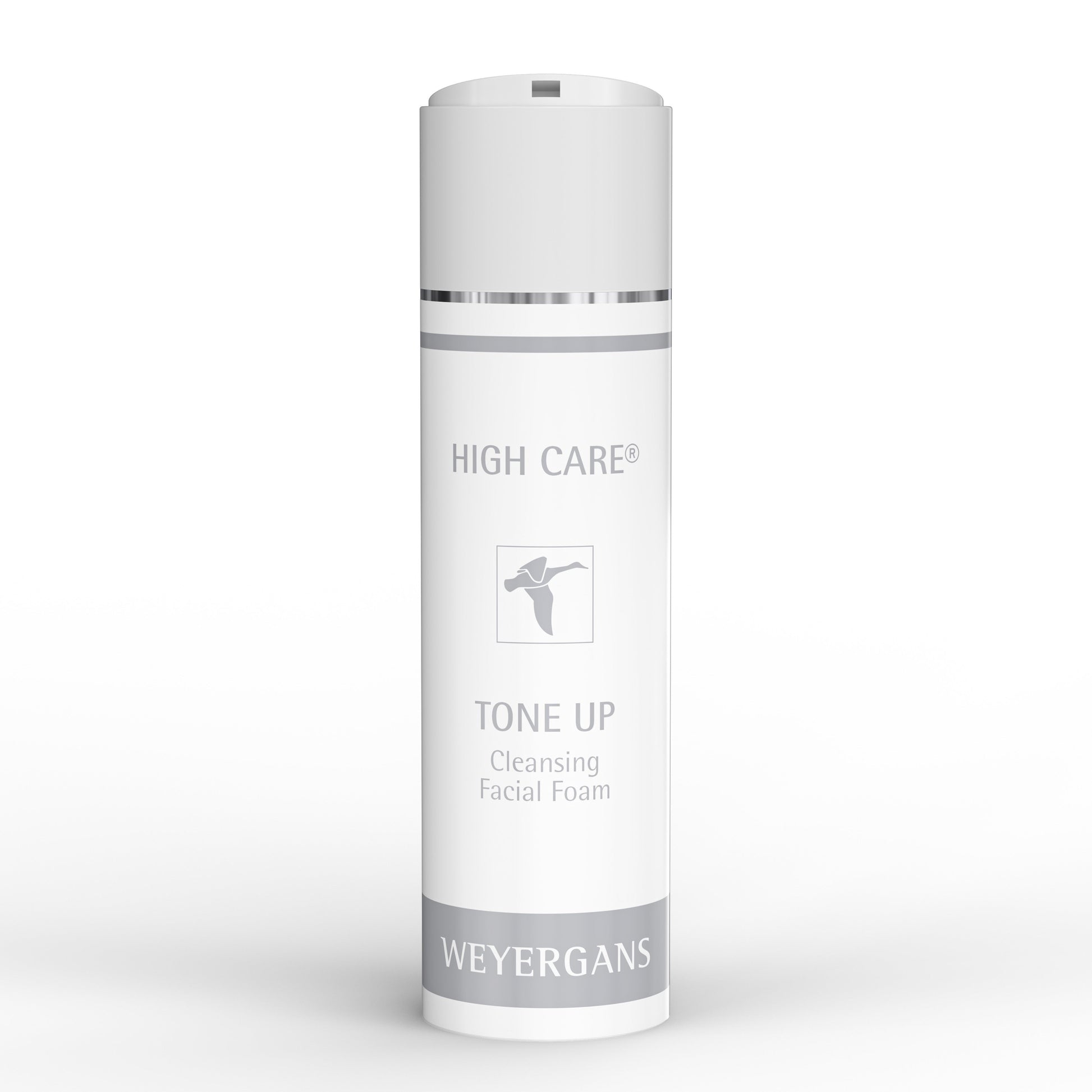 Flacone di schiuma detergente viso Weyergans High Care Tone Up su sfondo bianco.