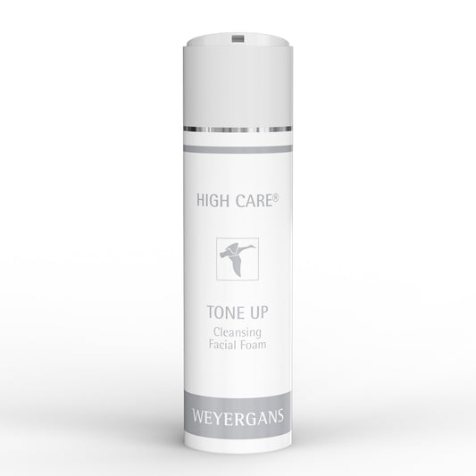 Flacone di schiuma detergente viso Weyergans High Care Tone Up su sfondo bianco.