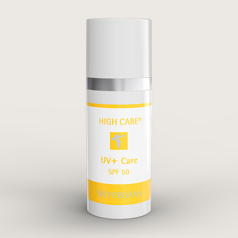 Flacone di UV+ Care SPF 50 Weyergans High Care su sfondo beige.