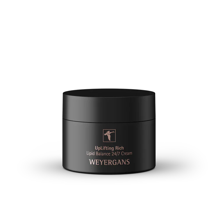 Vasetto nero di crema Weyergans UpLifting Rich Lipid Balance 24/7 su sfondo bianco.
