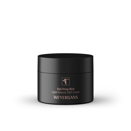 Vasetto nero di crema Weyergans UpLifting Rich Lipid Balance 24/7 su sfondo bianco.