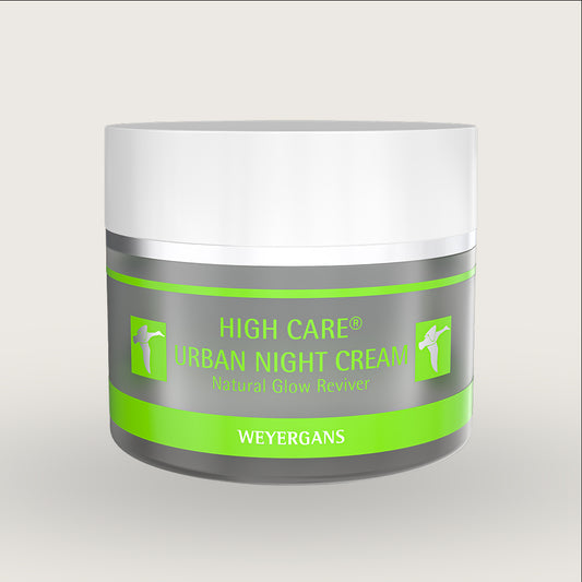 Vasetto di crema notte High Care Urban di Weyergans su sfondo beige.