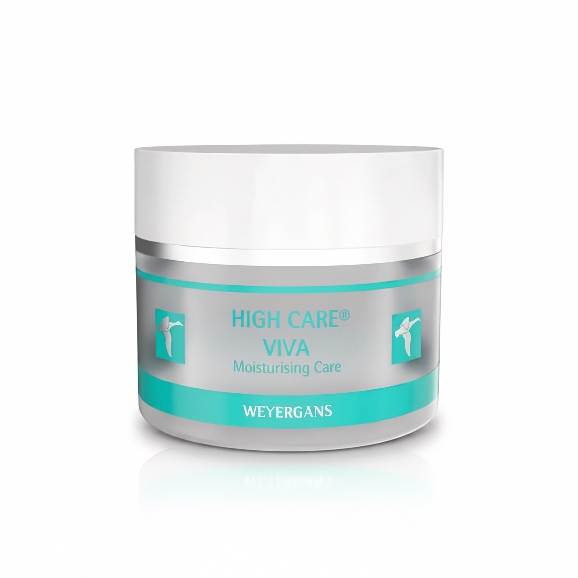 Vasetto di crema idratante High Care Viva di Weyergans su sfondo bianco.
