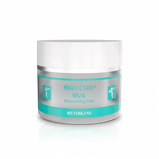 Vasetto di crema idratante High Care Viva di Weyergans su sfondo bianco.
