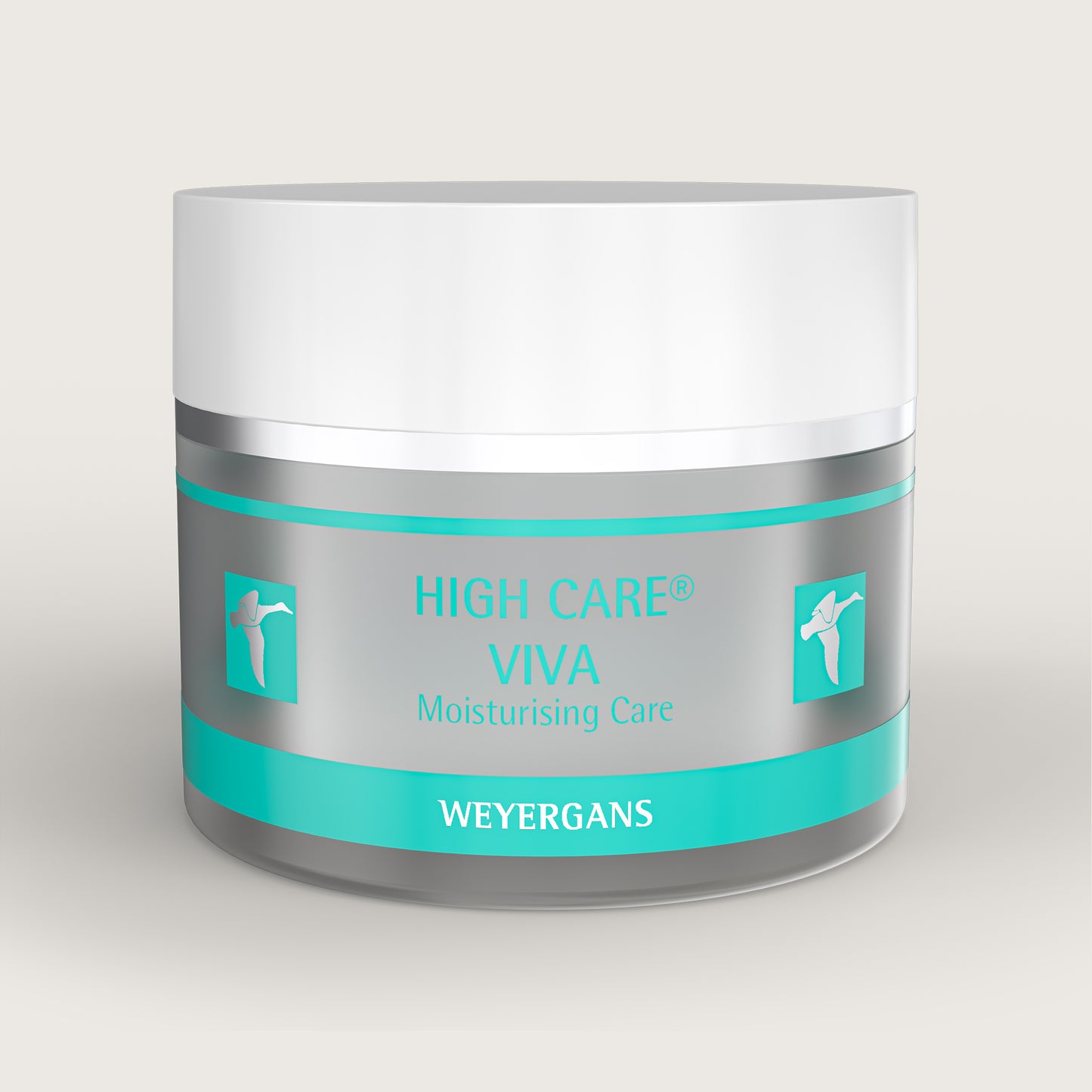 Vasetto di crema idratante High Care Viva di Weyergans su sfondo beige.