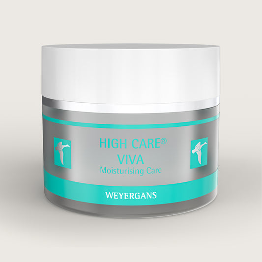Vasetto di crema idratante High Care Viva di Weyergans su sfondo beige.