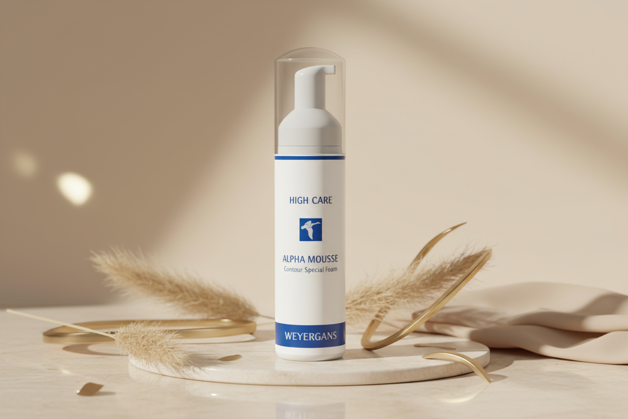 Dettaglio texture Alpha Mousse Weyergans High Care su sfondo bianco.