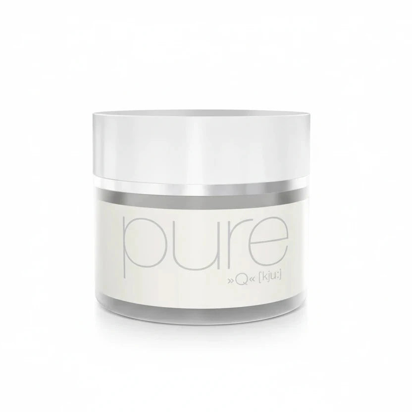 White jar with silver lid labeled 'pure' on a white background