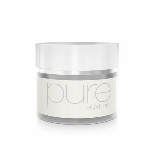 White jar with silver lid labeled 'pure' on a white background