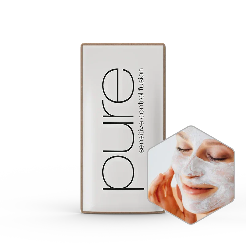 Skincare product packaging with 'pure' branding and a hexagonal inset showing a person applying a face mask.