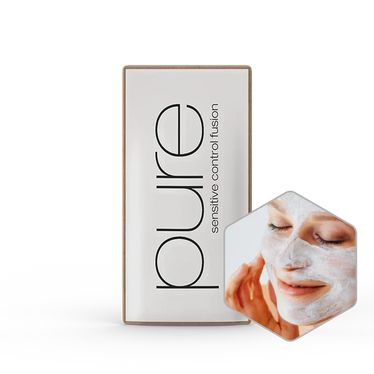 Skincare product packaging with 'pure' branding and a hexagonal inset showing a person applying a face mask.