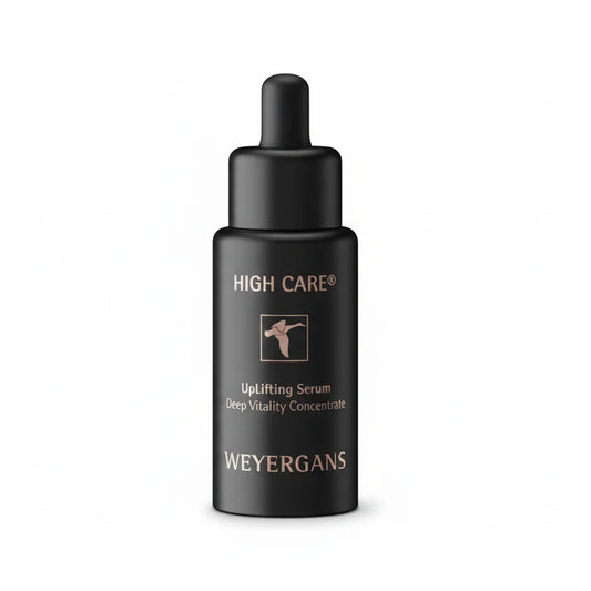 Flacone di siero nero con contagocce, su cui sono incise le scritte "High Care" e "Weyergans" su sfondo bianco.