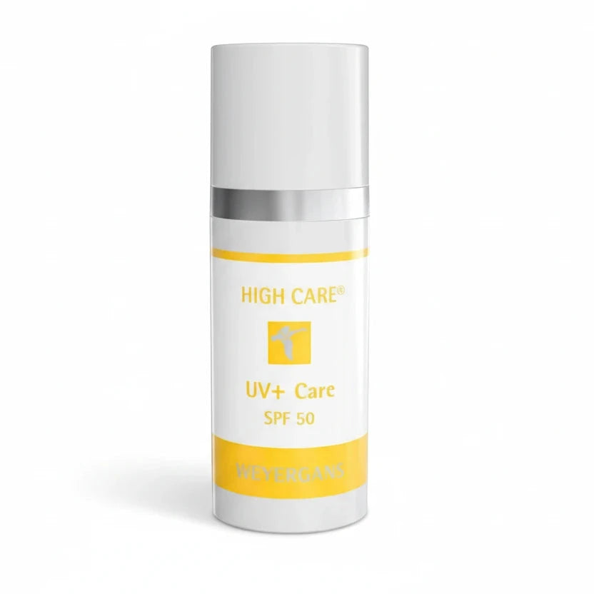 Flacone di UV+ Care SPF 50 Weyergans High Care su sfondo bianco.