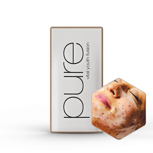 Confezione del prodotto con il marchio "pure" e una mascherina esagonale su sfondo bianco.